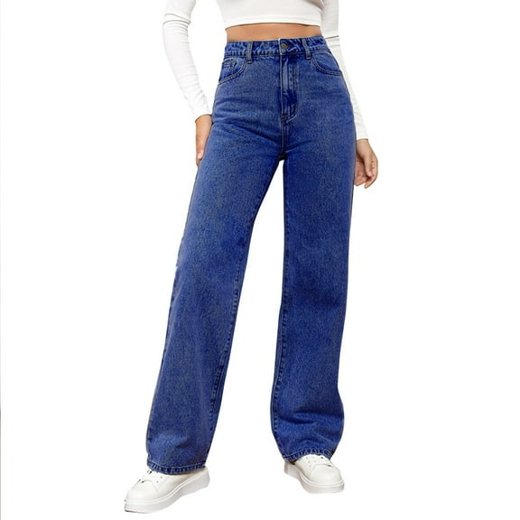WTOBBY Women's High Waist Washed Straight Leg Jeans, Fashionable and Versatile Denim Pants for a Casual Chic Style, Comfortable Fit with Washed Finish,Dark Blue XL