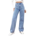 thumbnail image 1 of WTOBBY Women's High Waist Washed Straight Leg Jeans, Versatile and Fashionable Denim Pants for Casual Chic Style, Comfortable Fit with Washed Finish,Light Blue L, 1 of 6