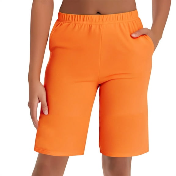 WTOBBY Women's High-Waisted Slimming Leggings Style Bermuda Shorts, Plus Size Elastic-Waisted Design for Casual Wear or Light Workouts,Orange S