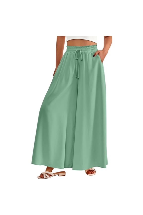 Women's High Waisted Wide Leg Pants Summer Casual Flowy with Pockets in Solid Color,Beach Trousers Perfect for Minimalist Chic Looks and Timeless Fashion Statements,Green 2XL