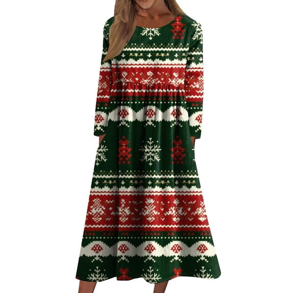 WTOBBY Women's Holiday Casual Dress Crew Neck Christmas Print Mid-Length Long Sleeve with Pocket Feature Festive Seasonal Celebration Wear,Dark Green S