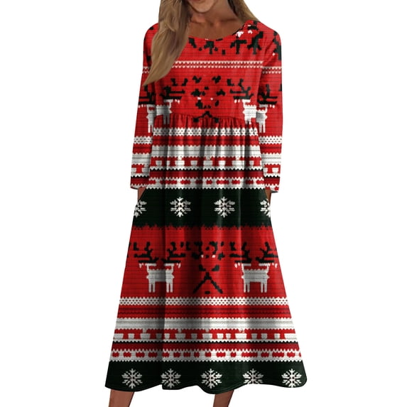 WTOBBY Women's Holiday Casual Dress Crew Neck Christmas Print Mid-Length Long Sleeve with Pocket Feature Festive Seasonal Celebration Wear,Deep Red XL