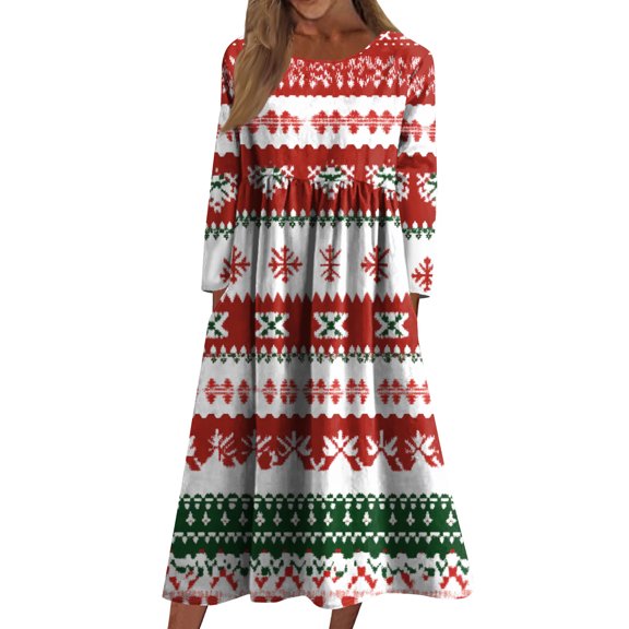 WTOBBY Women's Holiday Casual Dress Crew Neck Christmas Print Mid-Length Long Sleeve with Pocket Feature Festive Seasonal Celebration Wear,Red XL