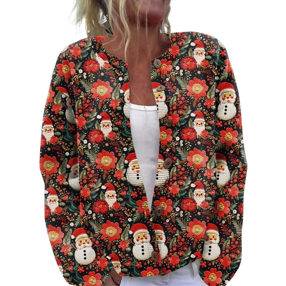 WTOBBY Women's Holiday Christmas Print Cardigan, Fun and Festive Knit Sweater for Fall and Winter, Long Sleeve Pullover with Themed Patterns,Deep Red L