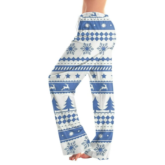 WTOBBY Women's Holiday Print Casual Pants with Drawstring, Comfortable Trousers for Everyday Wear, Christmas Designs for Festive Style,Blue L
