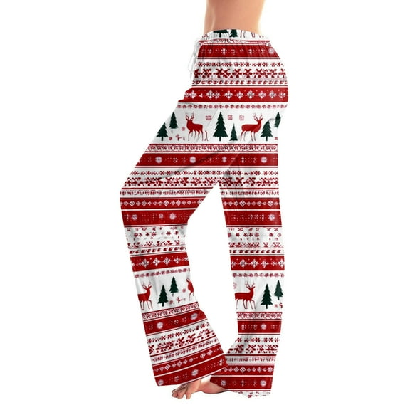 WTOBBY Women's Holiday Print Casual Pants with Drawstring, Comfortable Trousers for Everyday Wear, Christmas Designs for Festive Style,Vermilion L