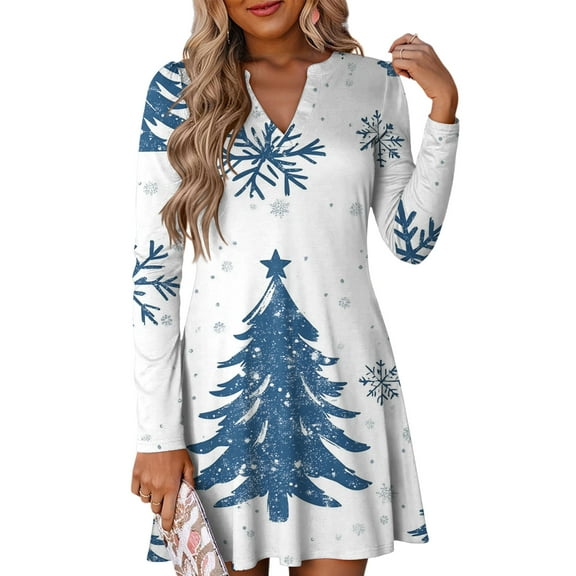 WTOBBY Women's Holiday Printed Dress Loose V-Neck Long Sleeve Casual Christmas Party Wear with Festive Theme Pattern for Seasonal Occasions,Khaki 2XL