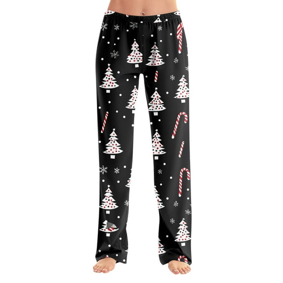 WTOBBY Women's Holiday-Themed Anime Pajama Pants, Sleepwear with Elastic Waist for Casual Wear, Straight Leg Trousers for Yoga and Christmas Print Design for Cozy Home Use,Black M