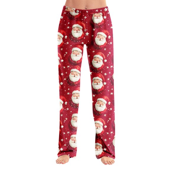 WTOBBY Women's Holiday-Themed Anime Pajama Pants, Sleepwear with Elastic Waist for Casual Wear, Straight Leg Trousers for Yoga and Christmas Print Design for Cozy Home Use,Vermilion S