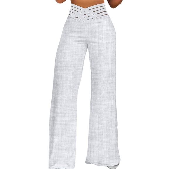 WTOBBY Women's Hollow Belt Detail Flared Wide Leg Pants - Office Casual Trousers with High Waist & Stretch Fabric for Professional Chic Looks,White XL