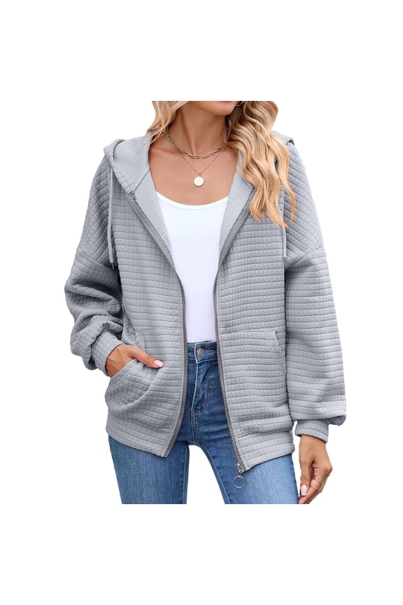 Women's Hooded Pocket Sweatshirt Jacket Long Sleeve Solid Color Zip Up Fleece Casual Outerwear with Kangaroo Pouch Trendy Street Style for Everyday Wear,Gray 2XL