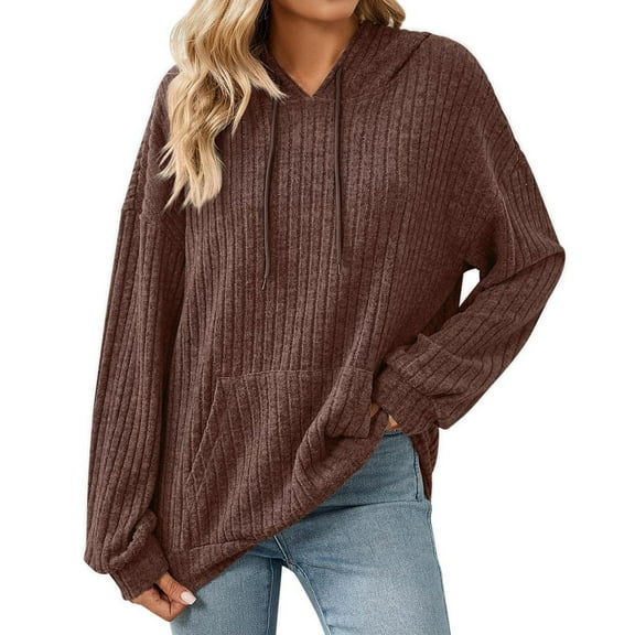 WTOBBY Women's Hooded Sweatshirt with Drawstring and Pocket Loose Long Sleeve Solid Color Pullover Top Casual Comfort Fit for Daily Wear,Brown S