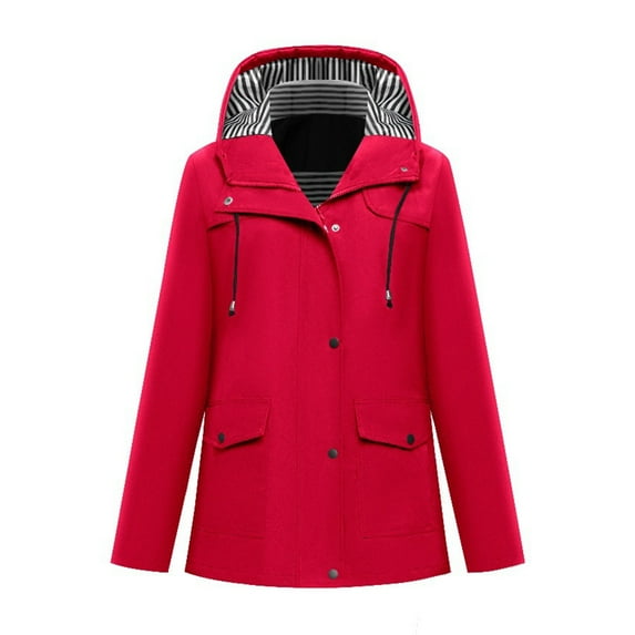 WTOBBY Women's Hooded Waterproof Jacket for Outdoor Hiking, Fashionable Solid Color Long Sleeve Pocket Coat, Lightweight Rainproof Windbreaker for Active Women, Durable and Stylish,Red M