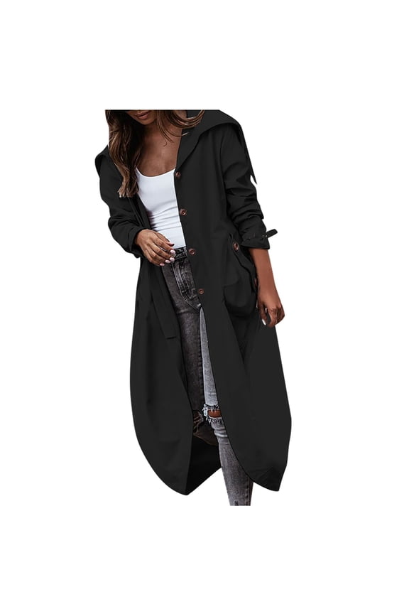 Women's Hooded Windbreaker Jacket, Mackintosh Cloth Raincoat Style, Loose Fit Casual Outerwear, Solid Color Lightweight Coat, Perfect for Spring and Fall Seasons,Black S