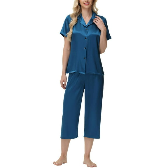 WTOBBY Women's Ice Silk Satin Pajama Set Short Sleeve Top and Cropped Pants Lounge Wear, Breathable Soft Home Outfit for Summer,Navy S