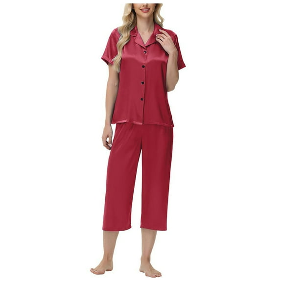 WTOBBY Women's Ice Silk Satin Pajama Set Short Sleeve Top and Cropped Pants Lounge Wear, Breathable Soft Home Outfit for Summer,Wine S