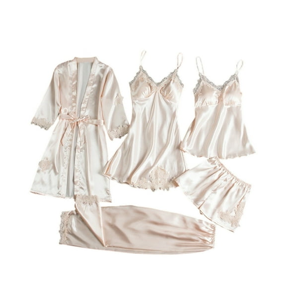 WTOBBY Women's Ice Silk Sexy Home Wear 5 Piece Set, Long Sleeve Loungewear with Bathrobe Plus Size Sleepwear Outfit for Women,Champagne S