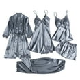 thumbnail image 1 of WTOBBY Women's Ice Silk Sexy Home Wear 5 Piece Set, Long Sleeve Loungewear with Bathrobe Plus Size Sleepwear Outfit for Women,Gray M, 1 of 3