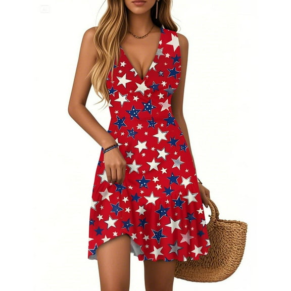 WTOBBY Women's Independence Day Print Summer Dress V-Neck Sleeveless Casual Pleated Hem Dress with Patriotic Theme for 4th July Celebrations and Events,RedS