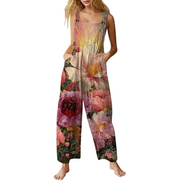 WTOBBY Women's Jumpsuit Casual Sleeveless in Cotton featuring Printed Pattern, Loose Fit for Breathability, Great for Daily Comfort and Style,Hot Pink2XL