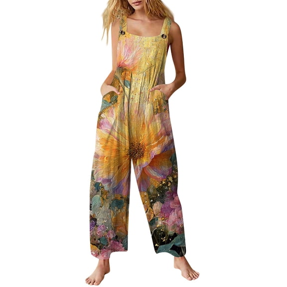 WTOBBY Women's Jumpsuit Casual Sleeveless in Cotton featuring Printed Pattern, Loose Fit for Breathability, Great for Daily Comfort and Style,YellowS