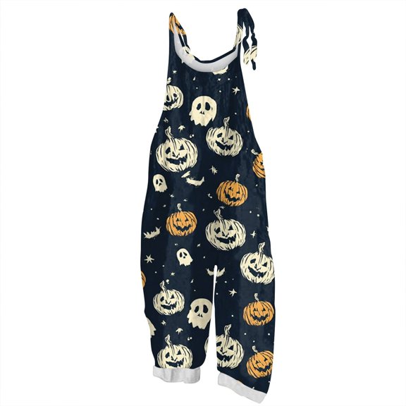 WTOBBY Women's Jumpsuit with Halloween Retro Print, Casual Loose Design and Suspenders in Cotton and Linen, Perfect for Relaxed Wear and Seasonal Events,NavyL