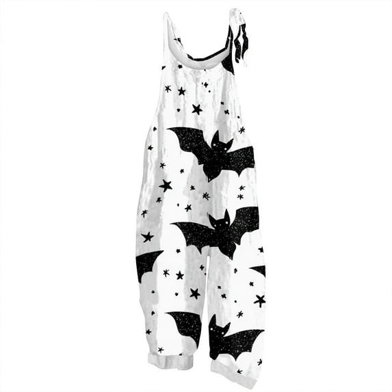 WTOBBY Women's Jumpsuit with Halloween Retro Print, Casual Loose Design and Suspenders in Cotton and Linen, Perfect for Relaxed Wear and Seasonal Events,WhiteL
