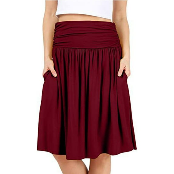 WTOBBY Women's Below Knee Length Solid Color Ruched Flowy Midi Skirt with Side Pockets, Regular Fit Casual Elegant Skirt for Office Work and Everyday Sophisticated Wear,Wine XL