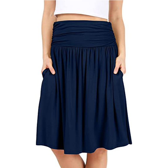 WTOBBY Women's Below Knee Length Solid Color Ruched Flowy Midi Skirt with Side Pockets, Regular Fit Casual Elegant Skirt for Office Work and Everyday Sophisticated Wear,Navy XL