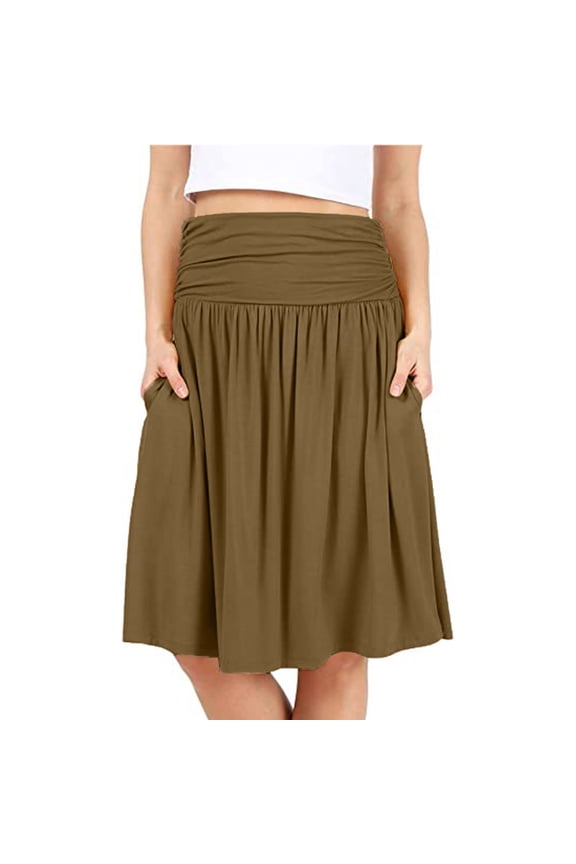 Women's Below Knee Length Solid Color Ruched Flowy Midi Skirt with Side Pockets, Regular Fit Casual Elegant Skirt for Office Work and Everyday Sophisticated Wear,Complexion XL