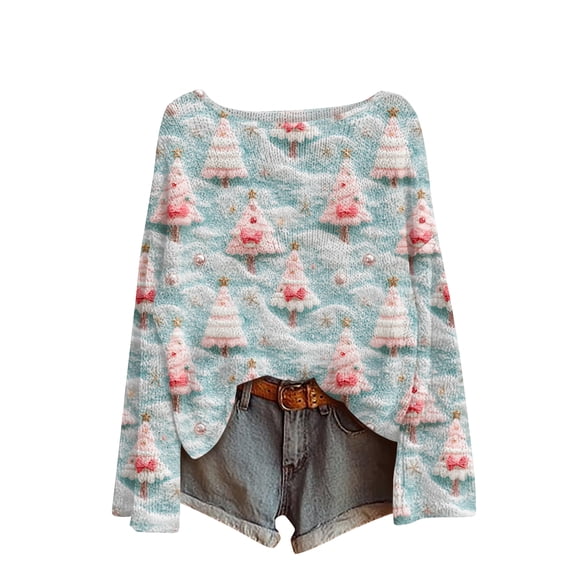 WTOBBY Women's Knit Top with Christmas Print Design, Long Sleeve Round Neck Yarn Pullover, Casual Holiday Sweater for Christmas Party and Family Gathering,Mint Green S