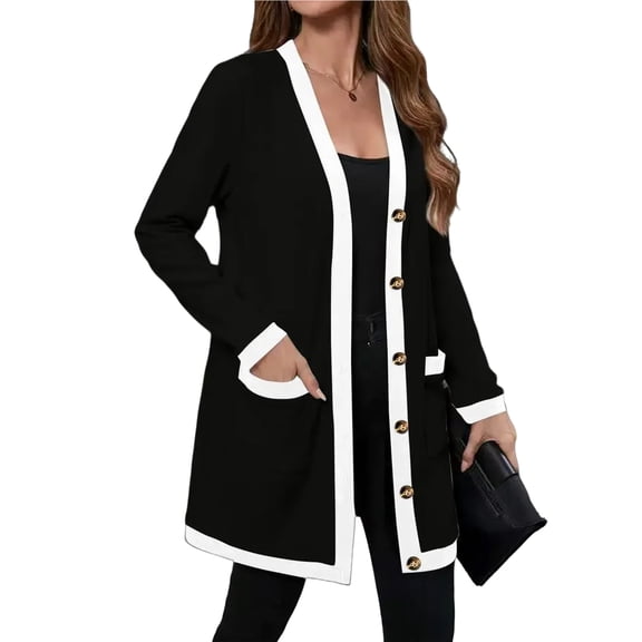 WTOBBY Women's Knitted Cardigan Jacket with Single Breasted Front and Patch Pockets, Mid Length Contrast Color, Casual Long Sleeve,Black S