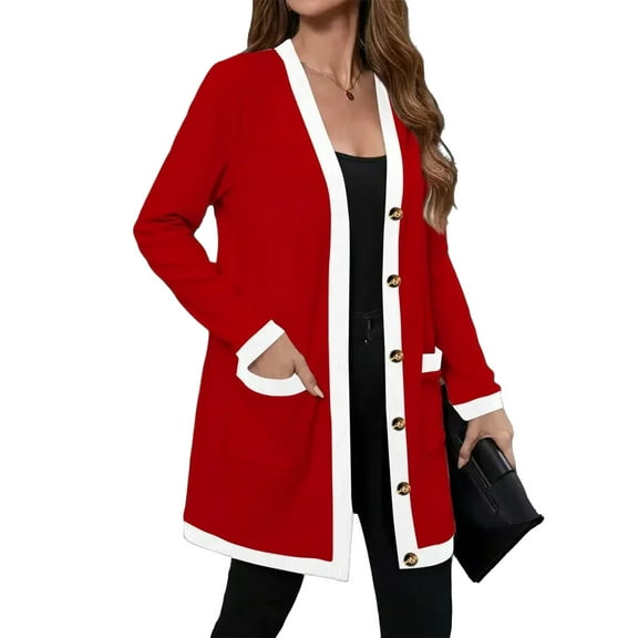 WTOBBY Women's Knitted Cardigan Jacket with Single Breasted Front and Patch Pockets, Mid Length Contrast Color, Casual Long Sleeve,Red L