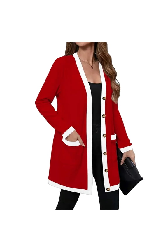 Women's Knitted Cardigan Jacket with Single Breasted Front and Patch Pockets, Mid Length Contrast Color, Casual Long Sleeve,Red XL