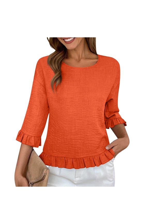 Women's Lace Trim Round Neck Short Sleeve Blouse, European Style Loose Fit Solid Color Top with Flared Sleeve Details,Saffron S