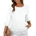 thumbnail image 1 of WTOBBY Women's Lace Trim Round Neck Short Sleeve Blouse, European Style Loose Fit Solid Color Top with Flared Sleeve Details,White L, 1 of 5