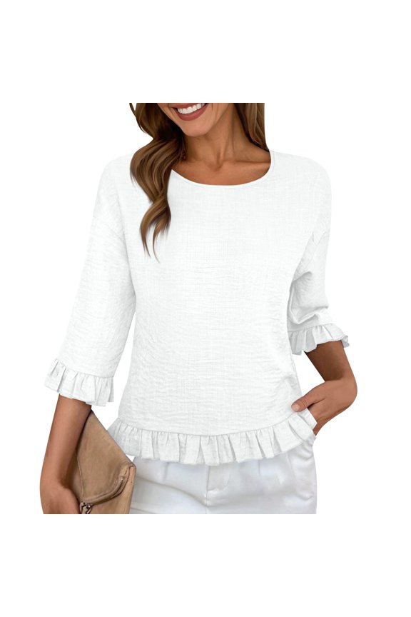 Women's Lace Trim Round Neck Short Sleeve Blouse, European Style Loose Fit Solid Color Top with Flared Sleeve Details,White S