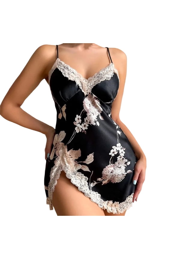 Women's Lace Trim Sleep Dress Sheer Mesh See-through Sexy Nightgown Spaghetti Strap Comfortable Nightwear Summer Pajama Home Wear,Black S