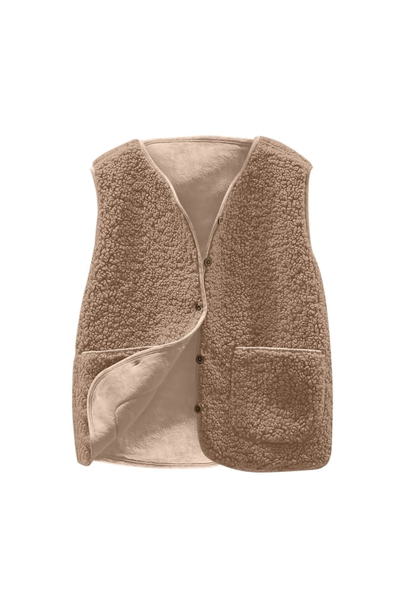 Women's Lamb Wool Vest, Short Winter Plush Tank, Casual Fashion Outerwear, Cozy Fleece Lining, Button Front Design, Perfect for Layering in Cold Weather,Khaki S