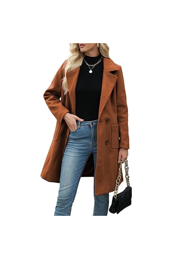 Women's Lapel Mid-length Button-down Woolen Coat, Classic and Elegant Tweed Overcoat for Formal and Casual Occasions,Brown 2XL