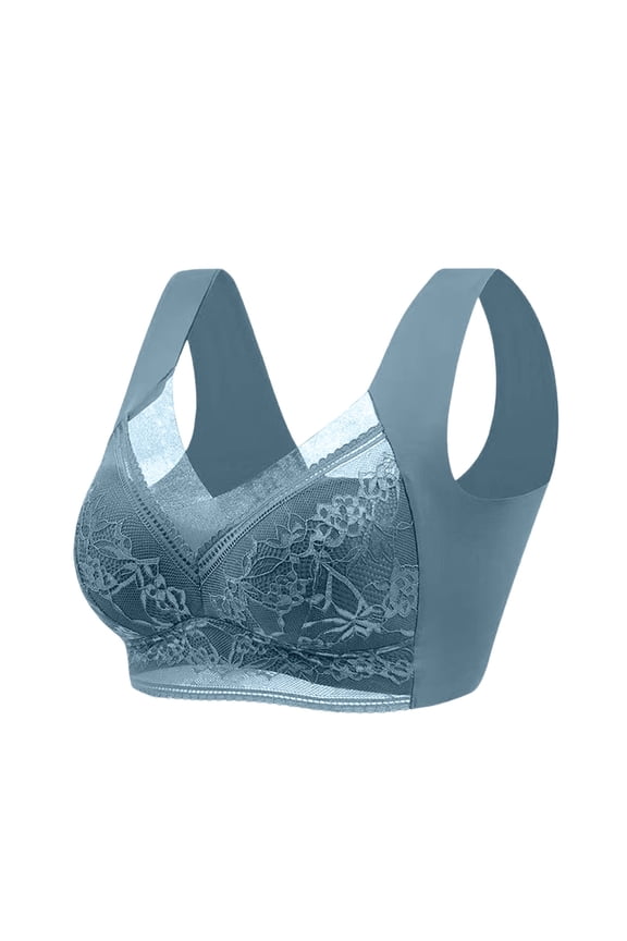 Women's Large Size No-Underwire Sports Bra with Sexy Lace Accents, Gathered Cups for Lift and Support, Vest Style for Active Wear,Blue 46