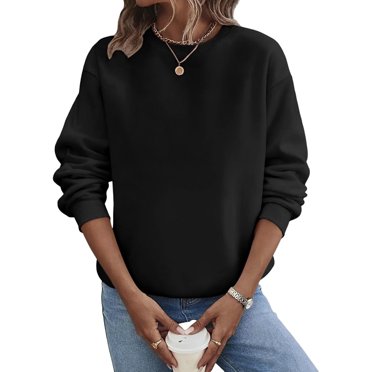 WTOBBY Women's Large Size Solid Color Hoodie Loose Long Sleeve Pullover Sweatshirt with Round Neck for Casual Comfort, Plus Size Fashion, and Everyday Wear,Black L