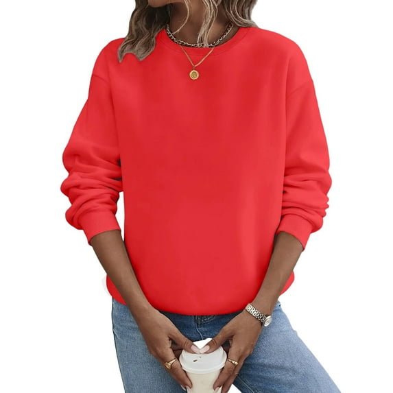 WTOBBY Women's Large Size Solid Color Hoodie Loose Long Sleeve Pullover Sweatshirt with Round Neck for Casual Comfort, Plus Size Fashion, and Everyday Wear,Red L