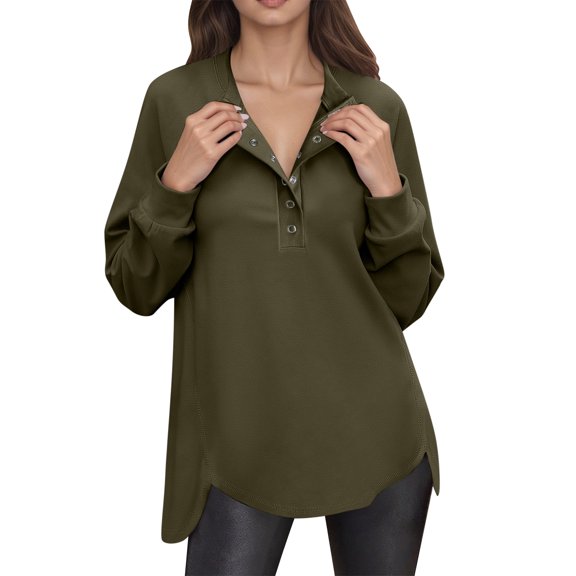 WTOBBY Women's Lightweight Button Detail Hoodie, Long Sleeve Casual Pullover, Preppy Style with Kangaroo Pocket for Essentials and Classic Streetwear Look,Army Green M