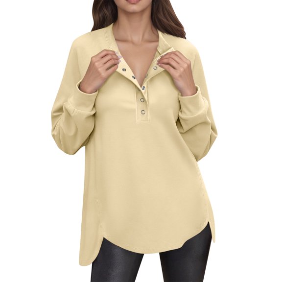 WTOBBY Women's Lightweight Button Detail Hoodie, Long Sleeve Casual Pullover, Preppy Style with Kangaroo Pocket for Essentials and Classic Streetwear Look,Beige S