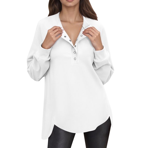 WTOBBY Women's Lightweight Button Detail Hoodie, Long Sleeve Casual Pullover, Preppy Style with Kangaroo Pocket for Essentials and Classic Streetwear Look,White M