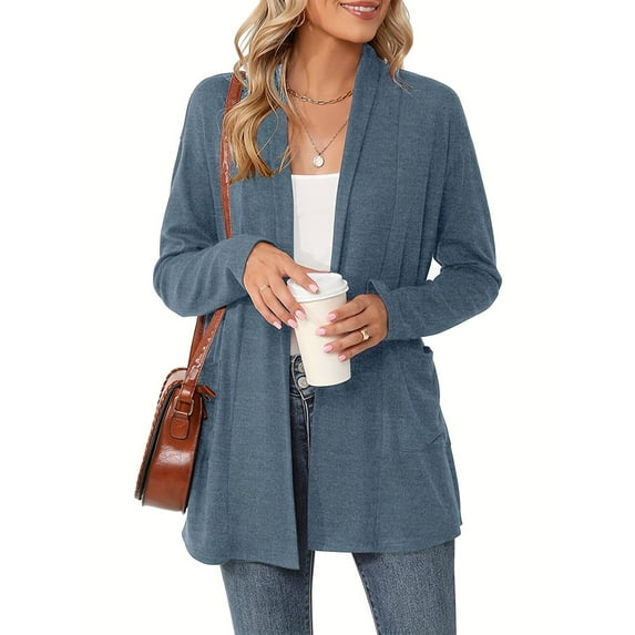 WTOBBY Women's Lightweight Cardigan Sweater Open Front Long Sleeve Thin Knit Jacket Casual Loose Fit Cover Up with Pockets Breathable Layer for Spring Fall,Blue L