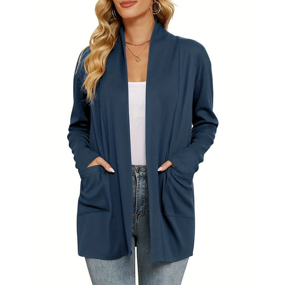 WTOBBY Women's Lightweight Cardigan Sweater Open Front Long Sleeve Thin Knit Jacket Casual Loose Fit Cover Up with Pockets Breathable Layer for Spring Fall,Dark Blue S