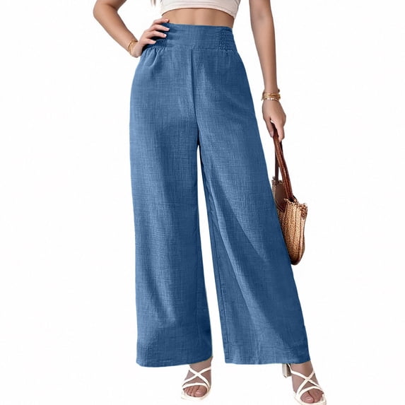 WTOBBY Women's Lightweight Loose-Fit Wide Leg Summer Pants - Moisture-Wicking Trousers with Slant Pockets & Airy Design for Hot Weather Comfort,Blue S
