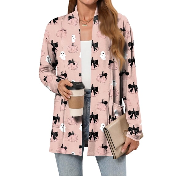 WTOBBY Women's Lightweight Open Front Cardigan Sweater Long Sleeve Casual Loose Thin Knit With Pockets Halloween Print Cover Up Top For Fall Layering,Pink M
